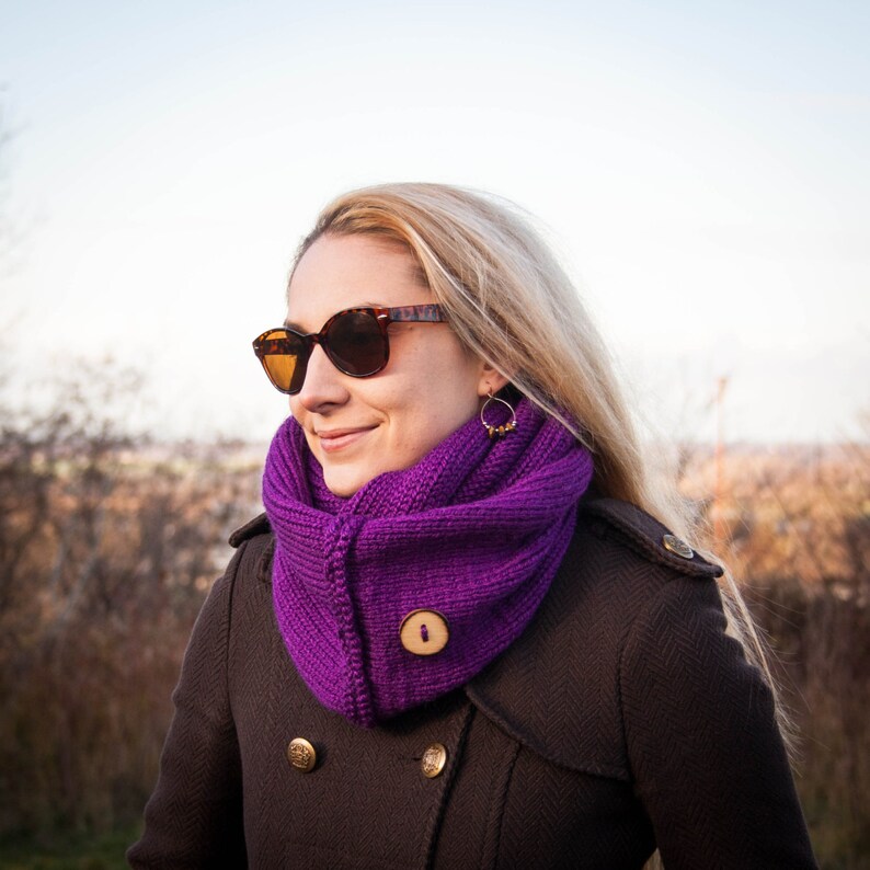 Double Wrapped Neckwarmer Winter Two-Piece Set Violet Women Hand Knitted 2 Set Purple Slouchy Beanie Hat With Handmade Wooden Button