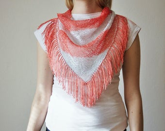 Pink Silver Hand Knitted Triangle Scarf / Salmon Pink White Tassels Summer Fall Spring Scarf / Striped Lightweight Scarf / Only One Original