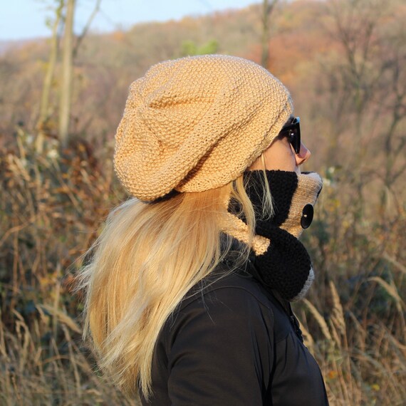Light Beige Slouchy Beanie Hat / Beige Urban Style Hand Knit Beanie / Warm Fall Winter Light Beige Hat / One Size Hat Winter Fashion