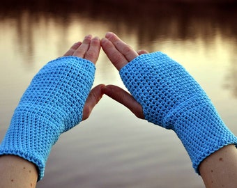 Gants turquoise Blue Fingerless / Blue 100% Cotton Crochet Arm Warmers / Automne Winter Accessories Gift Idea