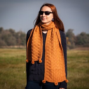 Light Brown Pompom Shawl / Hand Knit Long Shawl / Honey Colour Long Neckwarmer / Fall Winter Neckwear Fashion / Only One Original Available