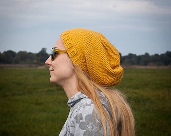 Mustard Yellow Slouchy Beanie Hat / Yellow Urban Style Hand Knit Beanie / Warm Fall Winter Mustard Yellow Hat / One Size Hat Winter Fashion