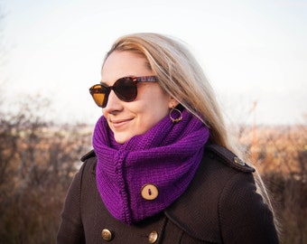 Violet Hand Knit Neckwarmer With Handmade Wooden Button / Purple Fall Winter Neckwear /Double Wrapped Violet Shawl /Winter Fashion Gift Idea