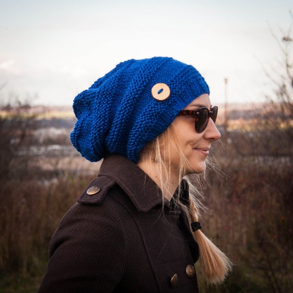 Blue Slouchy Beanie Hat With Handmade 