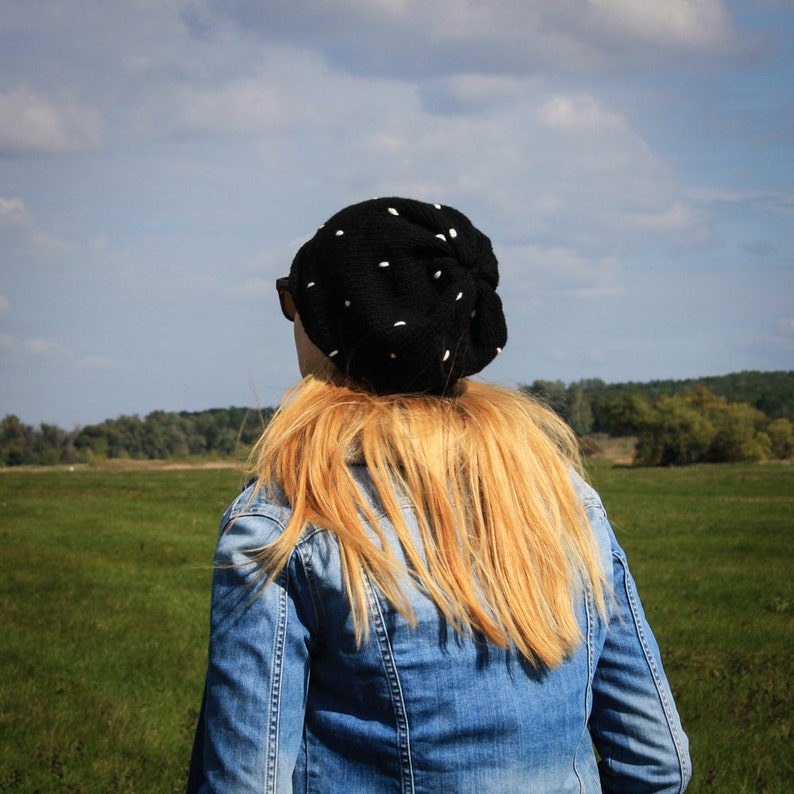 Black White Polka Slouchy Beanie Hat Fall Winter Black White Hat With Embroidered Dots Urban Style Hat Fairytale Toadstool Warm Hat