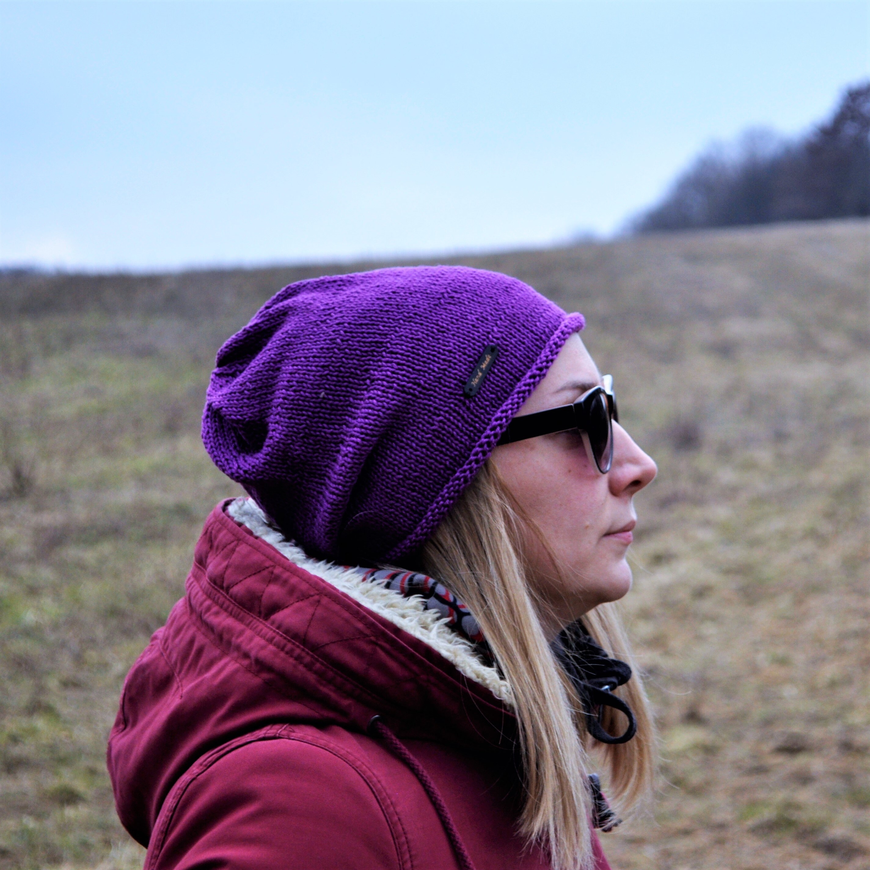 Purple Slouchy Beanie Hat With Wooden Button / urple Urban Style Hand Knit Beanie / Universal Size urple 100% Cotton Beanie Hat