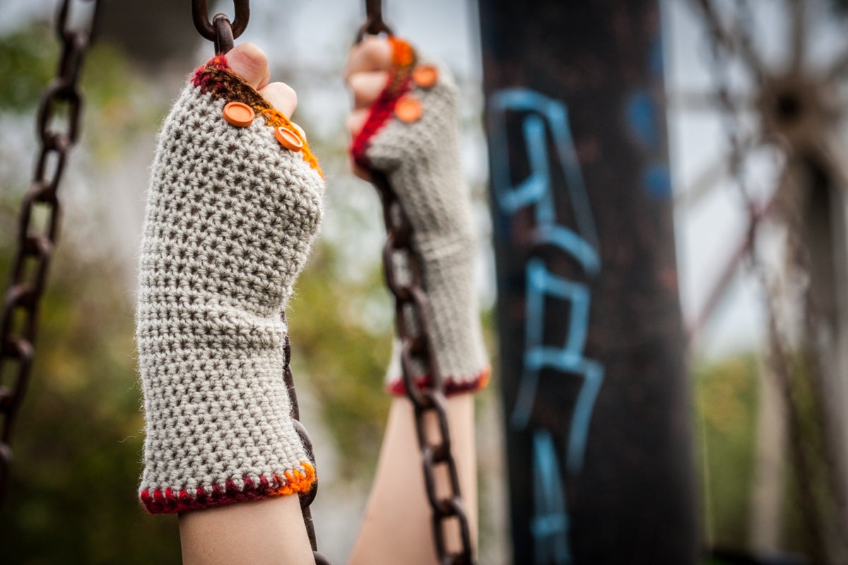 Orange Grey Fingerless Gloves / Crochet Arm Warmers / Orange Buttons ...