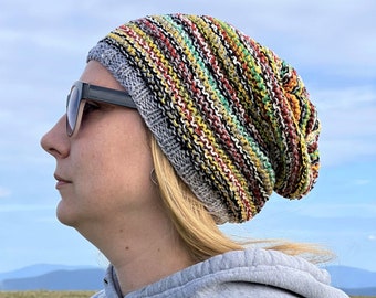 Multicolored 100% Cotton Slouchy Beanie Hat / Knitted Green Blue Yellow Striped Winter Hat / Universal Size Cotton Hat