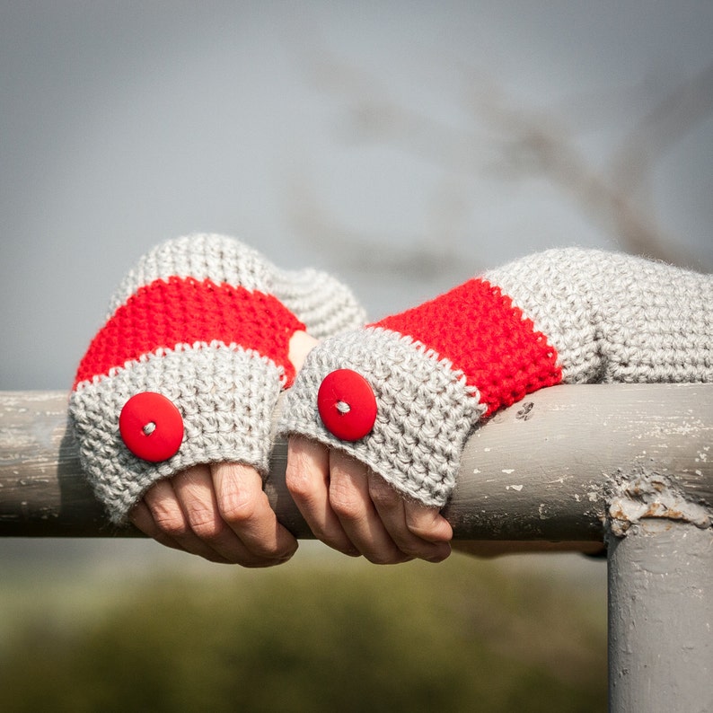 Red Grey Fingerless Gloves / Soft Crochet Arm Warmers / Red Button Half ...
