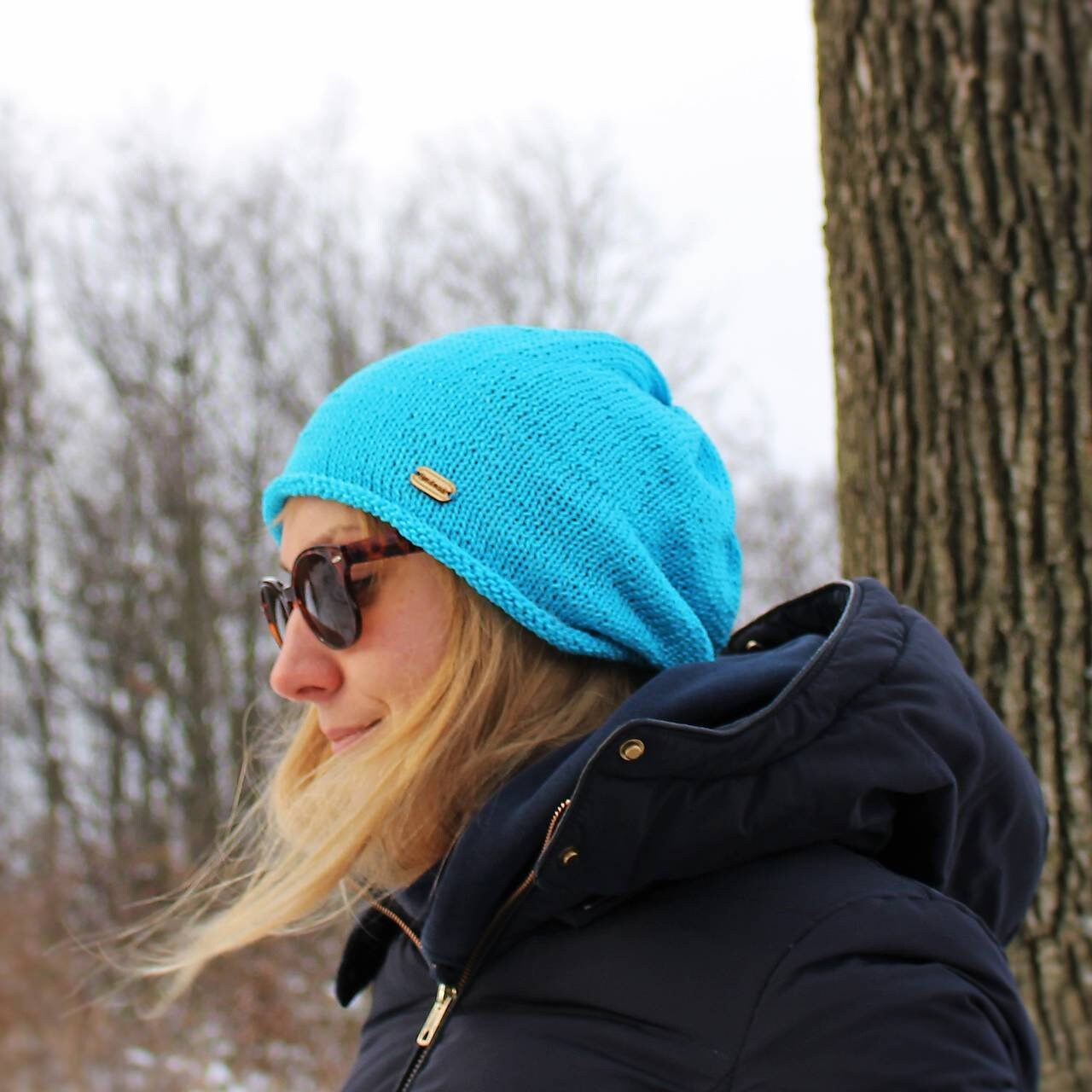 Turquoise Blue Slouchy Beanie Hat With 
