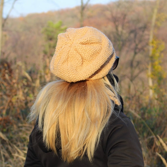 Light Beige Slouchy Beanie Hat / Beige Urban Style Hand Knit Beanie / Warm Fall Winter Light Beige Hat / One Size Hat Winter Fashion