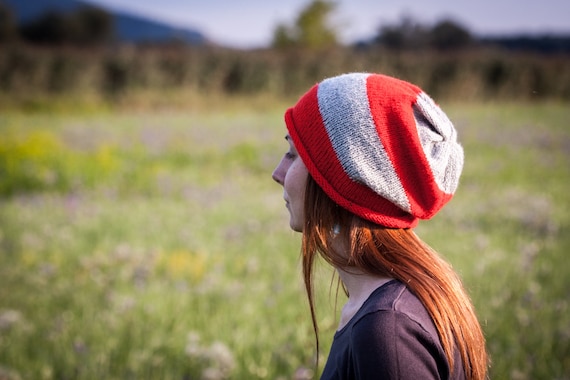 Red Grey Striped Slouchy Beanie Hat 