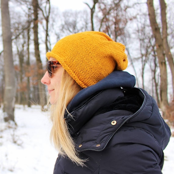 Mustard Yellow Slouchy Beanie Hat With 