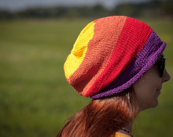 Yellow Orange Red Violet Striped Slouchy Beanie Hat / 100% Cotton Knit Hat / One Size African Colors Hat / Urban Fall Winter Accessories