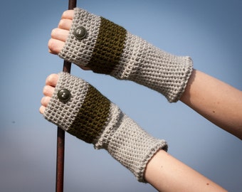 Khaki Grey Fingerless Gloves / Soft Crochet Arm Warmers / Dark Green Button Half Finger Gloves / Fall Winter Accessories / Christmas Gift