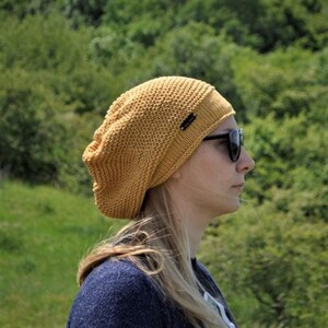 Mustard Yellow 100%Cotton Slouchy Beanie Hat / Yellow Urban Style Hand Knit Beanie / Universal Size Yellow Beanie Hat