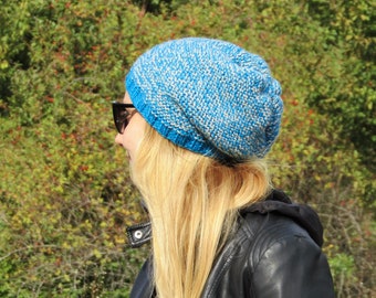 Blue Merino Flecked Slouchy Beanie Hat / Knitted Merino Blue Striped Fall Winter Hat with Wooden Button / One Size Autumn Color Hat