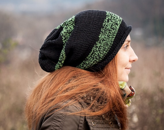 Black Green Striped Slouchy Beanie Hat 