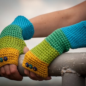 Blue Green Yellow Fingerless Gloves / 100% Cotton Crochet Arm Warmers / Rainbow Striped Button Gloves / Fall Winter Accessories Gift Idea