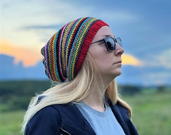 Multicolored 100% Cotton Flecked Slouchy Beanie Hat / Knitted Red Blue Yellow Striped Winter Hat / Universal Size Cotton Beanie