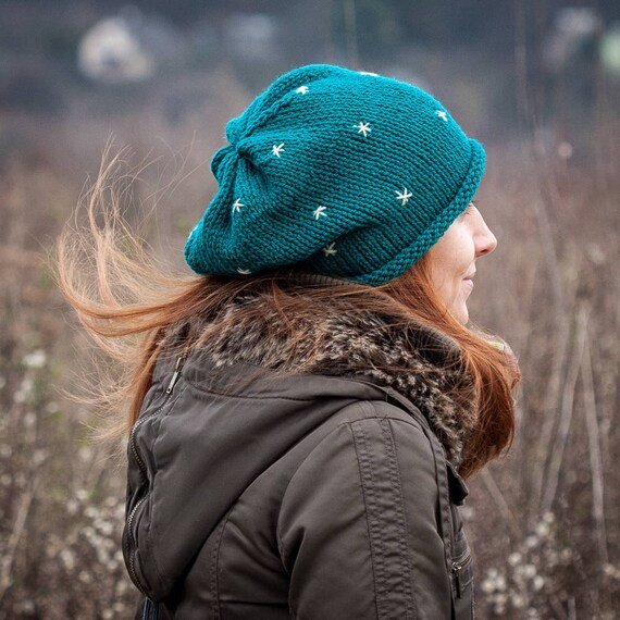 Dark Cyan Slouchy Beanie Hat With Embroidered Stars / Petrol  display picture 2