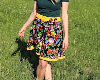 Circle Skirt With Flowers / Spring Summer Yellow Skirt / Flower Yellow Skirt / Elastic Yellow Waistband Summer Spring Skirt