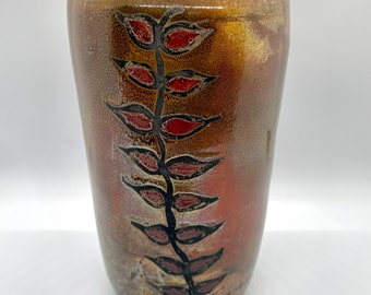 Wheel thrown decorative Raku Vase with leaf decoration