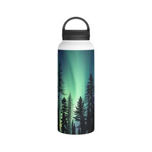 Aurora Borealis Stainless Steel Water Bottle, Handle Lid, Insulated Water Bottle, Nature Lover Gift, Eco-Friendly Water Bottle, Tree