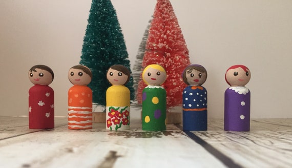 Set of 12 Rainbow Wood Peg Dolls Cake Toppers Party Supplies Dollhouse Decor