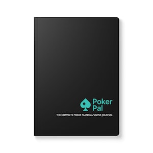 May include: Black notebook with the text "Poker Pal" and a teal spade symbol. The text "THE COMPLETE POKER PLAYERS ANALYSIS JOURNAL" is below the title. The notebook has a simple, clean design.