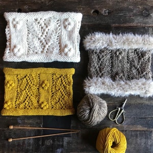 KNITTING PATTERN : Chunky and Aran Lace Leaves and Bobbles Knit Neck Warmer Cowl ... Thick and Quick Pattern