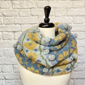 KNIT PATTERN PDF : Diamonds and Bubbles Patterned Fair Isle Scarf Cowl Wrap with Pom-Pom Embellishments Pattern