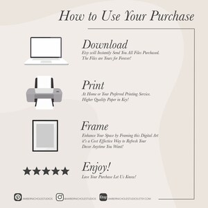 May include: A beige graphic with the text "How to Use Your Purchase." It illustrates downloading, printing, and framing digital art. The text includes "Download," "Print," "Frame," and "Enjoy!" with social media icons at the bottom.