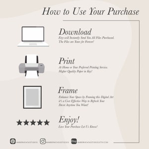 Op de afbeelding: Een beige afbeelding met de tekst "Hoe u uw aankoop kunt gebruiken" en instructies voor het downloaden, afdrukken en inlijsten van digitale kunst. Bevat een laptop, printer, ingelijste kunst en vijf sterren. De Etsy-shopnaam is ook opgenomen.