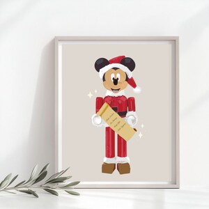 May include: A red and white Christmas nutcracker figurine of Mickey Mouse holding a scroll with a list of names. The scroll is labeled "Santa's Christmas List".