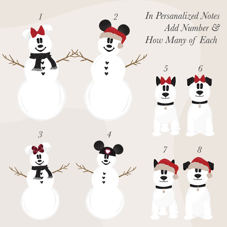 May include: A digital illustration featuring cartoon snowmen and dogs with Mickey Mouse ears and accessories. The image includes text that reads "In Personalized Notes Add Number & How Many of Each."