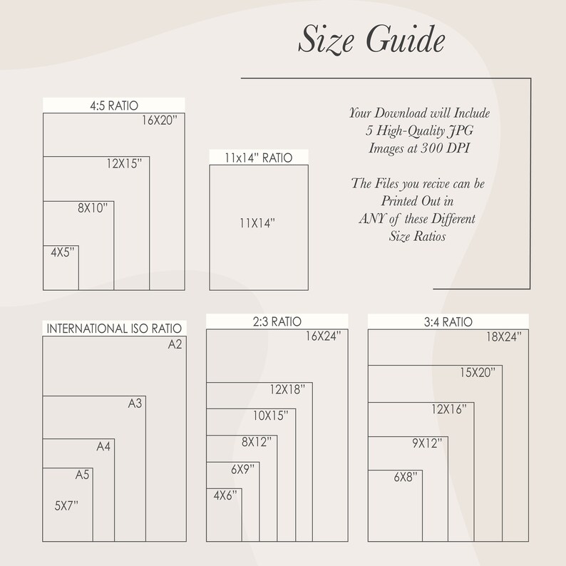 May include: A beige size guide chart with various rectangular shapes labeled with size ratios and dimensions in inches. Text includes "Size Guide" and information about downloadable JPG images.