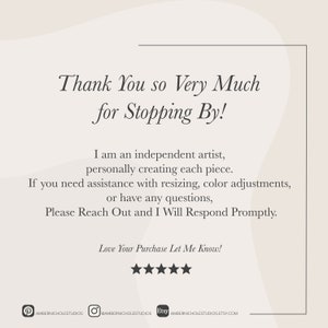 Op de afbeelding: Cr&egrave;mekleurige afbeelding met de tekst "Thank You so Very Much for Stopping By!" en andere tekst. Bevat social media-iconen en de Etsy shop URL.