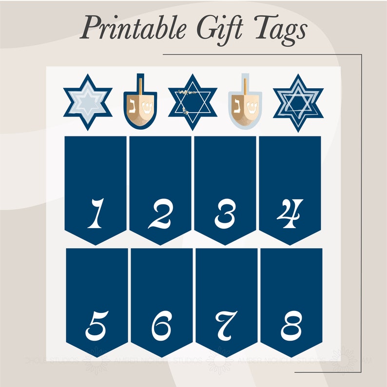 Hanukkah Printable Gift Tags & 8 Nights of Hanukkah Numbers l Star of David l Dreidel l DIGITAL DOWNLOAD image 3