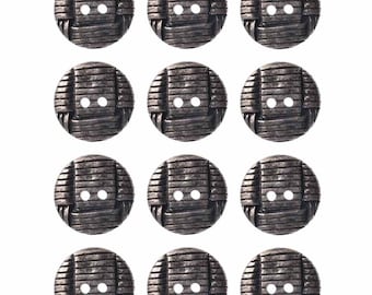 May include: Twelve silver-toned buttons with a woven design. Each button has two holes.
