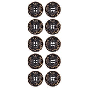 May include: Ten antique bronze buttons with a decorative design. Each button is round with four holes and a detailed emblem featuring a crest and two stylized animals. The buttons are arranged in a grid pattern.