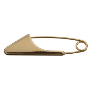 May include: A gold-toned safety pin with a pointed end and a spring-loaded clasp.
