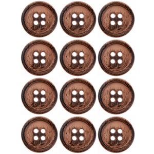 12/10/8/5 pezzi - Marrone chiaro - Bottone a forma classica a 4 fori con bordo - Finitura speciale effetto legno - 15 mm, 18 mm, 22 mm, 28 mm, 34 mm