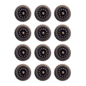 May include: Twelve antique bronze-colored metal buttons. Each button is round with a ridged outer edge and a central design of small dots. The buttons are arranged in a grid pattern against a white background.