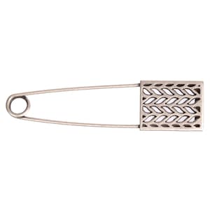 May include: Silver safety pin with a decorative, openwork, rectangular head featuring a woven pattern.