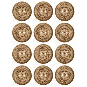 Può includere: Una collezione di dodici bottoni rotondi color beige con un aspetto strutturato e intrecciato. Ogni bottone ha tre piccoli fori al centro per cucire. I bottoni sono disposti a griglia su sfondo bianco.
