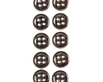 May include: Ten black buttons with four holes each. The buttons are arranged in a vertical line.