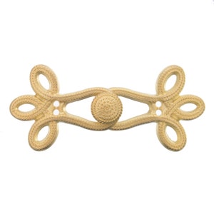 May include: Gold metal button closure with a rope-like design. The button has a round, textured center.