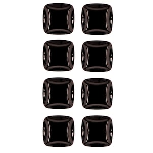 May include: Eight black square-shaped plates with rounded edges. The plates are arranged in a vertical column.