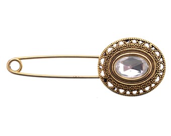 Zinc Die Cast Kilt Pin - 3.5" - Large Oval Filigree - Antique Silver or Antique Gold with Crystal - Pink - Anthracite Acrylic Gem Stones